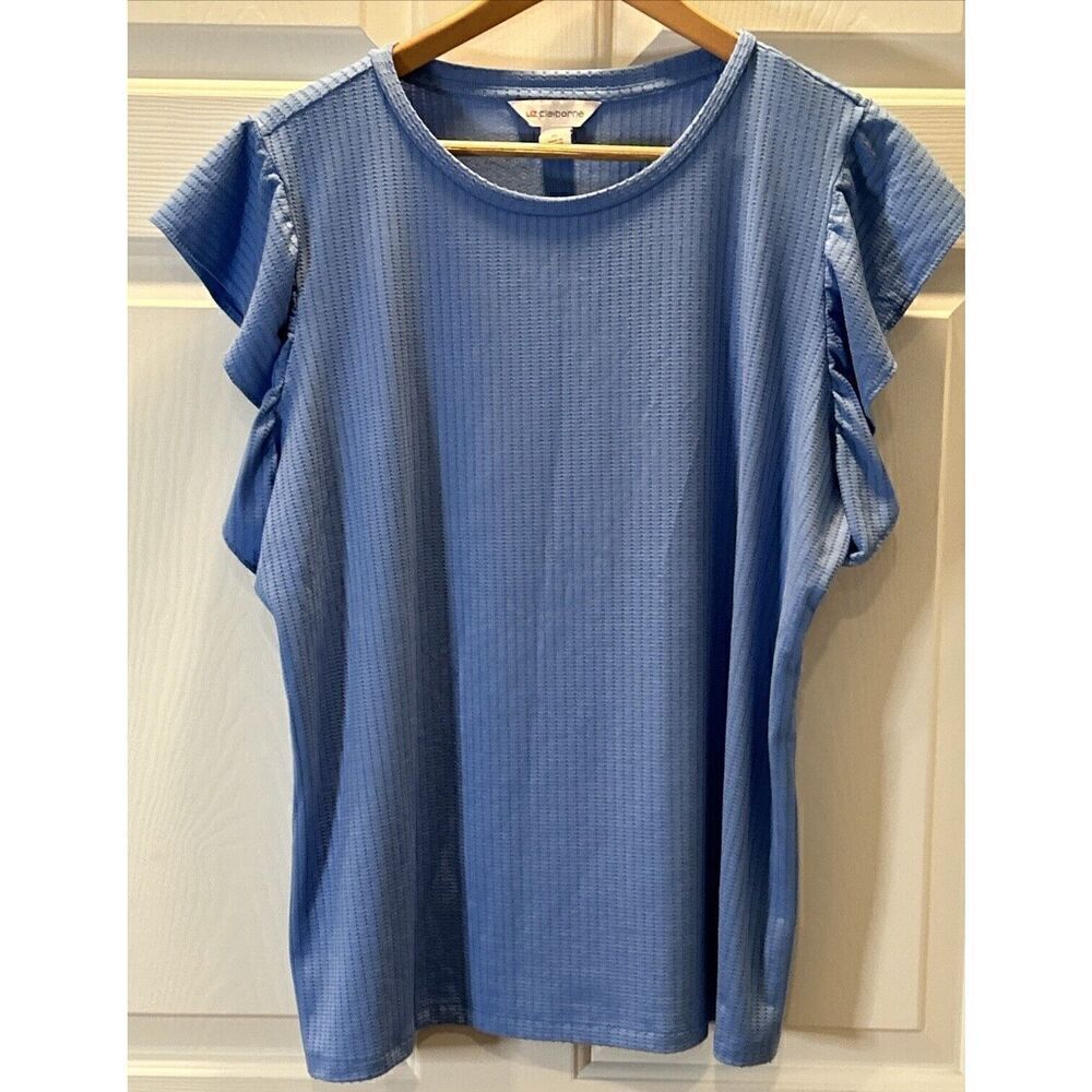 Liz Claiborne Womens Size XL Blue Textured Top Blouse Shirt Flutter Sleeve